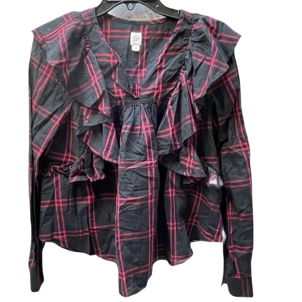 ❤️ GAP RED &  BLACK RUFFLE HOLIDAY BLOUSE TOP SIZE XS
